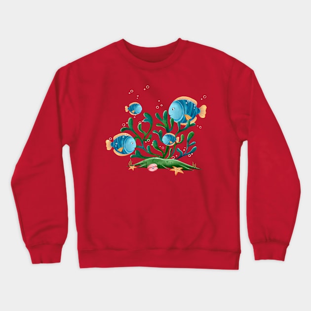 Watercolor Blue Fish Ocean Crewneck Sweatshirt by Mako Design 